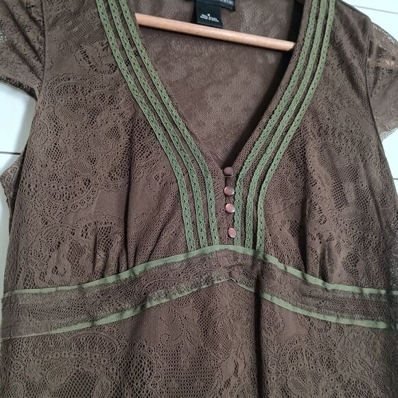 Women's Y2K Whimsigoth Boho Fairygrunge Babydoll Top Brown Green Mesh Size Small - Picture 3 of 8